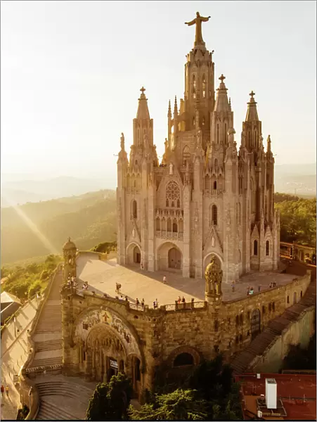 Sagrat Cor church at Tibidabo mountain at sunset, Barcelona, Catalonia, Spain