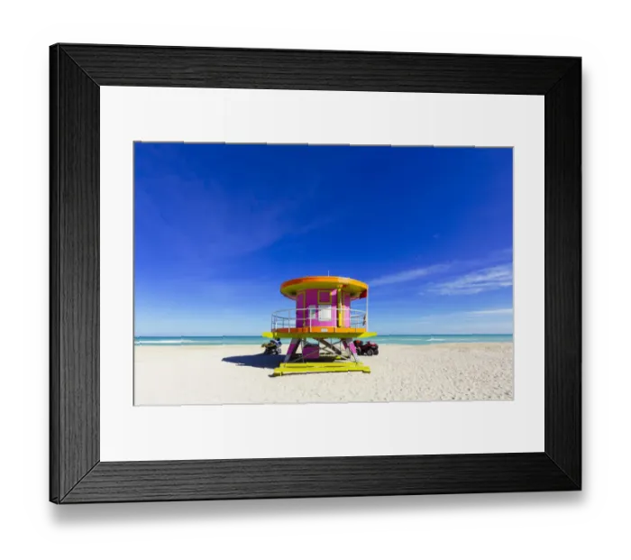 Framed Print : Lifeguard tower on a sunny day at empty South Beach, Miami, Florida, USA Framed Print : Lifeguard tower on a sunny day at empty South Beach, Miami, Florida, USA