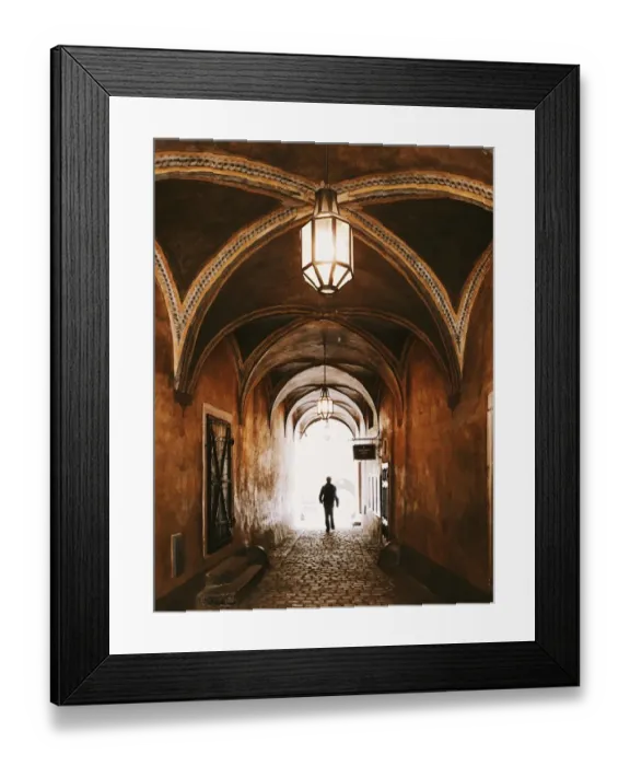 Framed Print : Silhouette of a man walking in the alley in old of Cesky Krumlov, South Bohemia, Czech Republic Framed Print : Silhouette of a man walking in the alley in old of Cesky Krumlov, South Bohemia, Czech Republic
