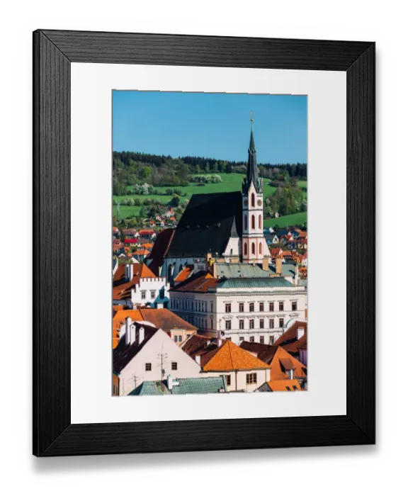 Framed Print : Cesky Krumlov cityscape with St. Vitus church on a sunny day, South Bohemia, Czech Republic