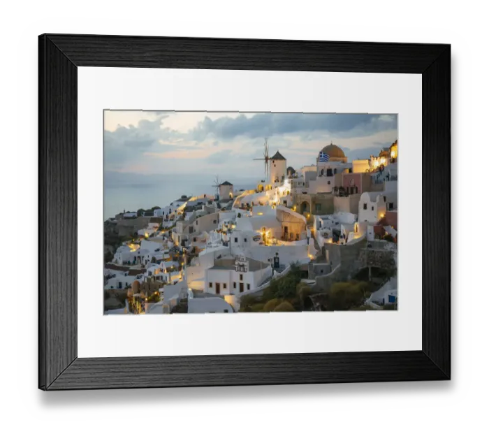 Framed Print : Illuminated Oia village at dusk, Santorini, Greece Framed Print : Illuminated Oia village at dusk, Santorini, Greece