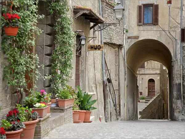 Alley with flowers in pots in Bracciano, Italy