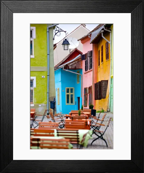 Framed Print : Street scene in Sighisoara, Transylvania, Romania