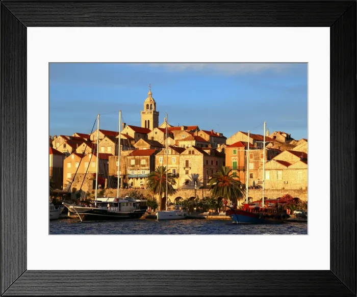 Framed Print : Korcula, view of the fortified town by the sea at sunset, Dalmatia, Croatia Framed Print : Korcula, view of the fortified town by the sea at sunset, Dalmatia, Croatia