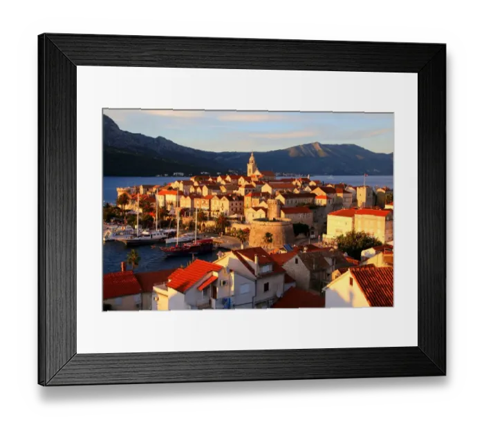 Framed Print : Korcula, view of the fortified town by the sea at sunset, Dalmatia, Croatia