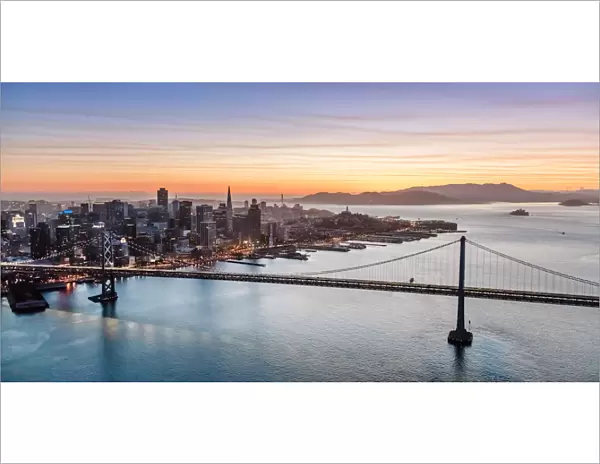 Aerial of Bay bridge and downtown, San Francisco