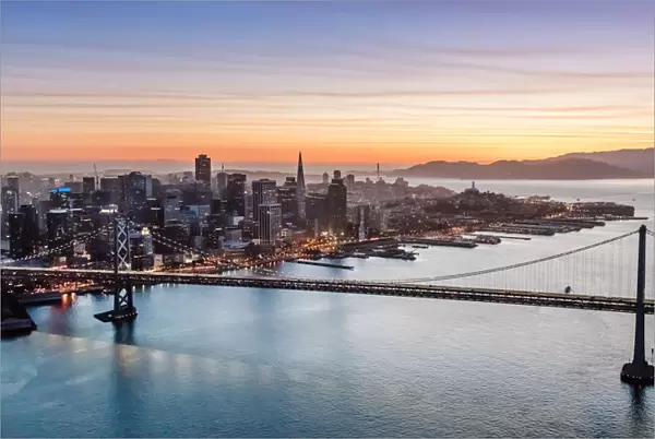 Aerial of Bay bridge and downtown, San Francisco