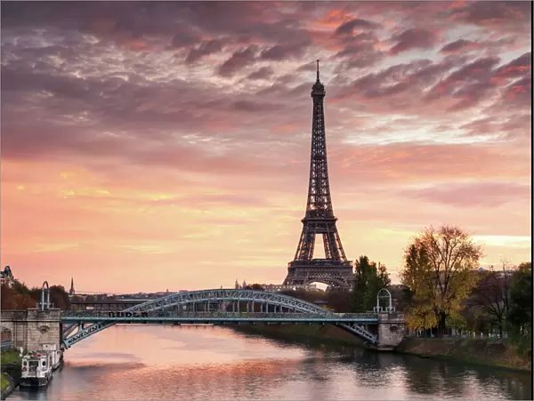 Dawn over Eiffel tower and Seine, Paris, France