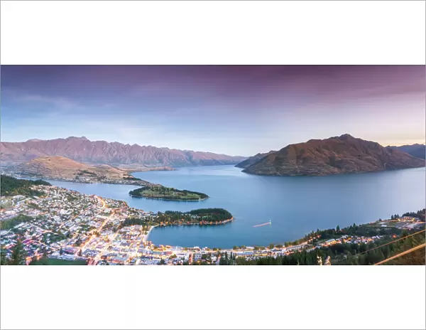 Panoramic elevated view of Queenstown at dusk, New Zealand