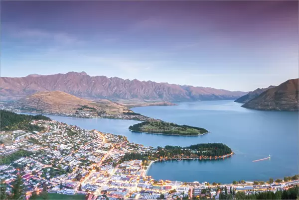 Panoramic elevated view of Queenstown at dusk, New Zealand