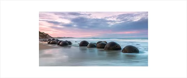 Landscape: Moeraki boulders at sunset, Otago peninsula, New Zealand