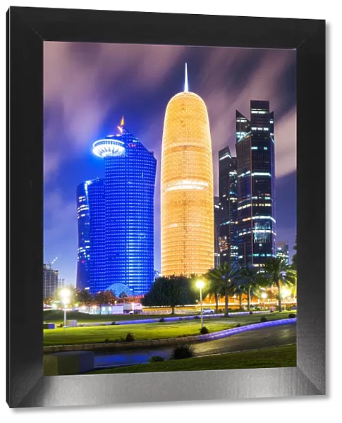 Doha city center illuminated at night, Qatar, Middle East