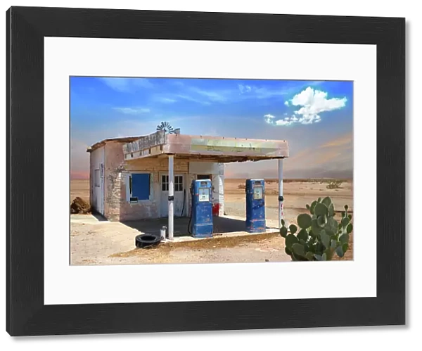 Retro Style Scene of old gas station in Arizona Desert