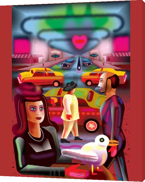 Night in City Illustration with Young Woman, Taxis and walking people