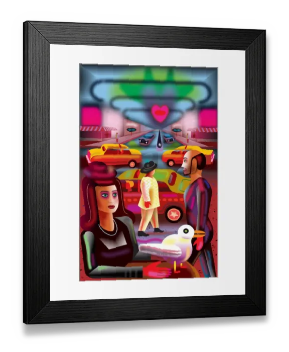 Framed Print : Night in City Illustration with Young Woman, Taxis and walking people