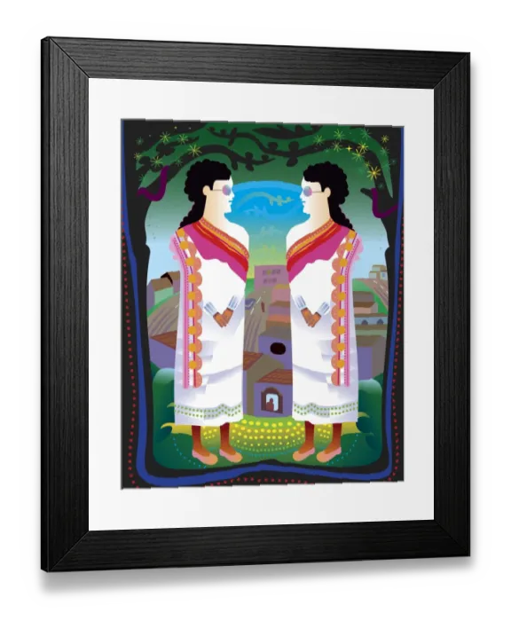 Framed Print : Two women in traditional dress in front of town Framed Print : Two women in traditional dress in front of town