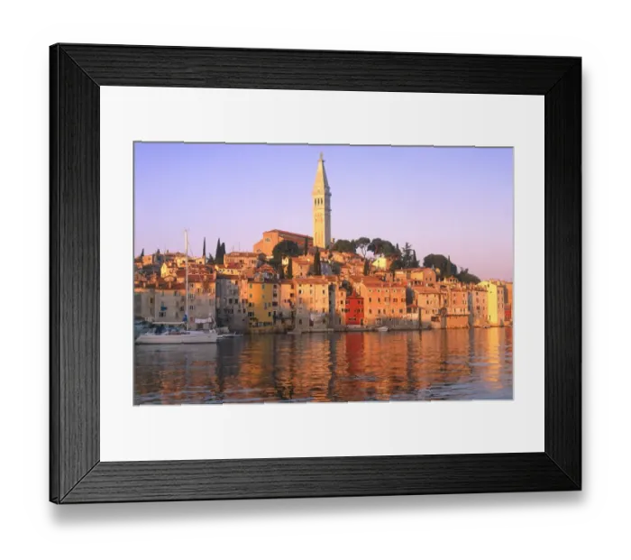 Framed Print : Croatia, Rovinj, church tower & harbour at sunrise seen from water Framed Print : Croatia, Rovinj, church tower & harbour at sunrise seen from water