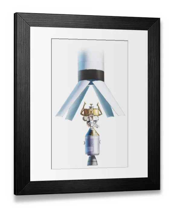 Framed Print : Illustration of lunar module attached to command module, bottom of rocket opened Framed Print : Illustration of lunar module attached to command module, bottom of rocket opened