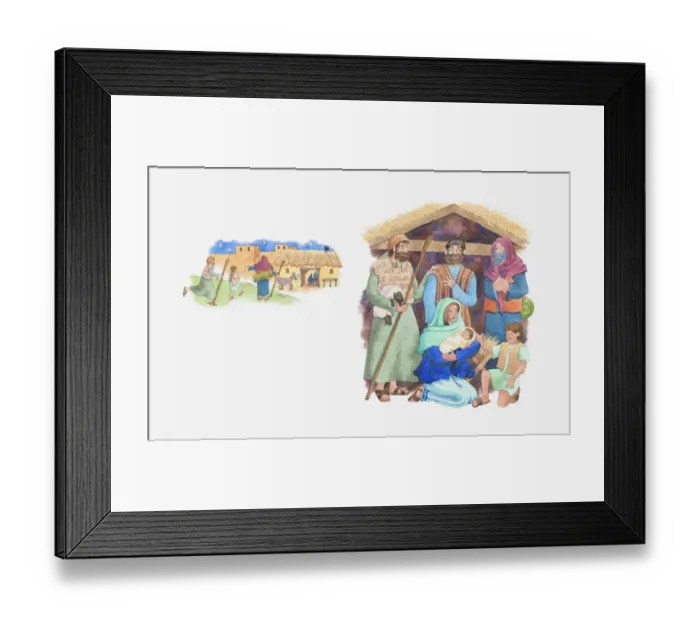 Framed Print : Illustration of a bible scene, Luke 2, the shepherds travel to Bethlehem to see baby Jesus Framed Print : Illustration of a bible scene, Luke 2, the shepherds travel to Bethlehem to see baby Jesus