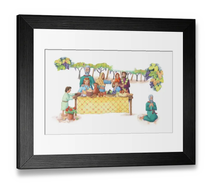 Framed Print : Illustration of a bible scene, Job 1, Jobs family feasting at his brothers house Framed Print : Illustration of a bible scene, Job 1, Jobs family feasting at his brothers house