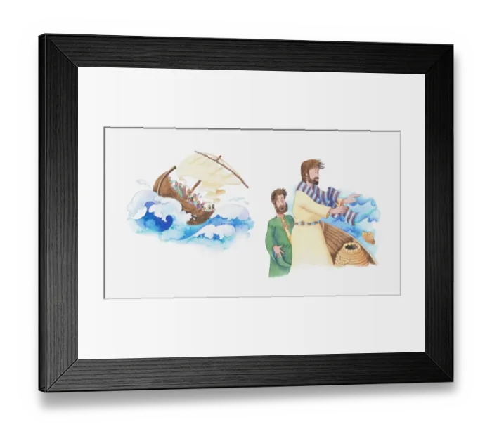 Framed Print : Illustration of a bible scene, Luke 8, Jesus calms the storm and saves his disciples Framed Print : Illustration of a bible scene, Luke 8, Jesus calms the storm and saves his disciples