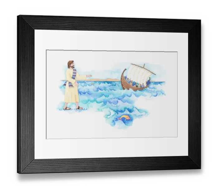 Framed Print : Illustration of a bible scene, Jesus walking on water Framed Print : Illustration of a bible scene, Jesus walking on water