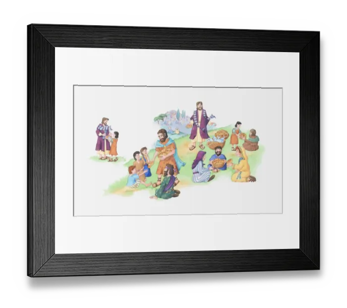 Framed Print : Illustration of a bible scene, John 6, Jesus feeds the 5000 Framed Print : Illustration of a bible scene, John 6, Jesus feeds the 5000