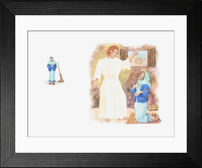 Framed Print : Illustration of a bible scene, Luke 1, Angel Gabriel visits Mary and tells her God wishes her to be mother of his child Framed Print : Illustration of a bible scene, Luke 1, Angel Gabriel visits Mary and tells her God wishes her to be mother of his child
