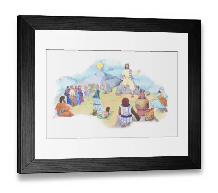Framed Print : Illustration of a bible scene, Matthew 5, Jesus gives a sermon from the summit of a mountain Framed Print : Illustration of a bible scene, Matthew 5, Jesus gives a sermon from the summit of a mountain