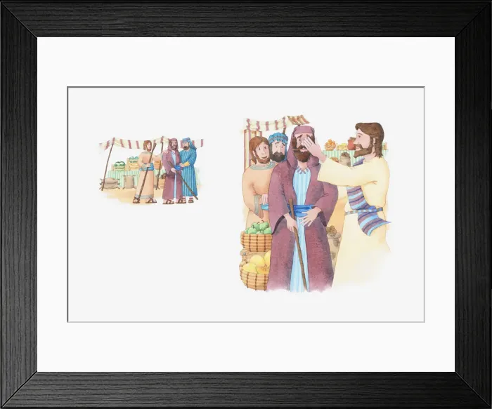 Framed Print : Illustration of a bible scene, Mark 8, Jesus heals the blind Framed Print : Illustration of a bible scene, Mark 8, Jesus heals the blind