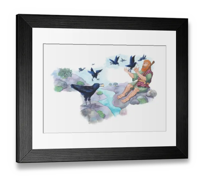 Framed Print : Illustration of a bible scene, 1 Kings 17, God protects Elijah from King Ahab and hides him in a place with plenty of water where he is fed by ravens Framed Print : Illustration of a bible scene, 1 Kings 17, God protects Elijah from King Ahab and hides him in a place with plenty of water where he is fed by ravens
