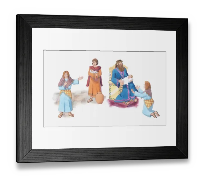 Framed Print : Illustration of a bible scene, 1 Kings 3, King Solomon solves a dispute between two women over who is mother of their child Framed Print : Illustration of a bible scene, 1 Kings 3, King Solomon solves a dispute between two women over who is mother of their child
