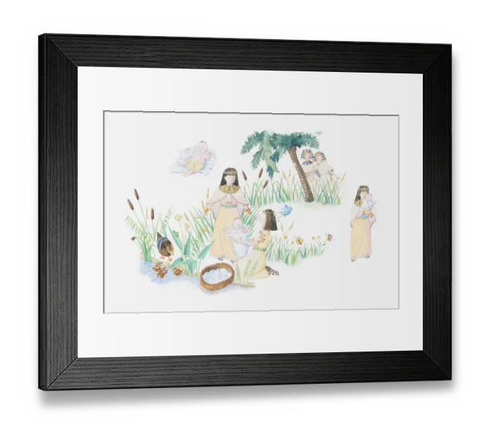 Framed Print : Illustration of a bible scene, Exodus 2, Baby Moses, Moses is left in a basket on the banks of the Nile by his mother, the pharaohs daughter finds him and he becomes her son Framed Print : Illustration of a bible scene, Exodus 2, Baby Moses, Moses is left in a basket on the banks of the Nile by his mother, the pharaohs daughter finds him and he becomes her son