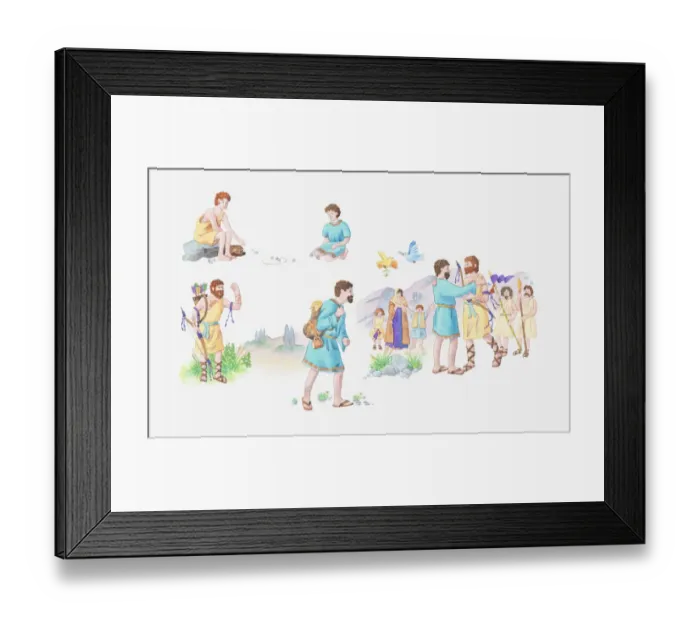 Framed Print : Illustration of a bible scene, Genesis 33, Jacob and Esau, the twins are reunited years after they quarrelled and Jacob left Framed Print : Illustration of a bible scene, Genesis 33, Jacob and Esau, the twins are reunited years after they quarrelled and Jacob left