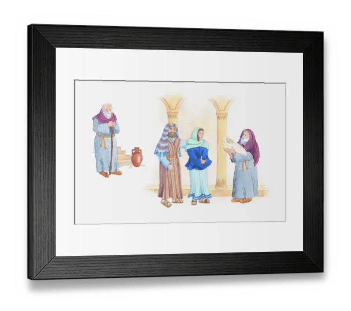 Framed Print : Illustration of a bible scene, Luke 2, Simeon sees and holds the baby Jesus at a temple, Mary and Joseph are standing nearby Framed Print : Illustration of a bible scene, Luke 2, Simeon sees and holds the baby Jesus at a temple, Mary and Joseph are standing nearby