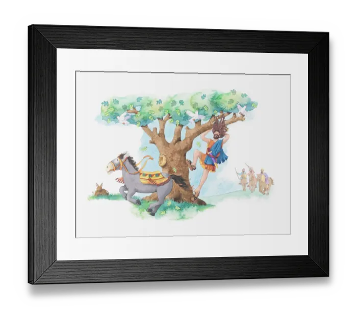 Framed Print : Illustration of a bible scene, 2 Samuel 18, Absaloms hair is caught in a tree fleeing from defeat at the Battle of Ephraim Wood Framed Print : Illustration of a bible scene, 2 Samuel 18, Absaloms hair is caught in a tree fleeing from defeat at the Battle of Ephraim Wood