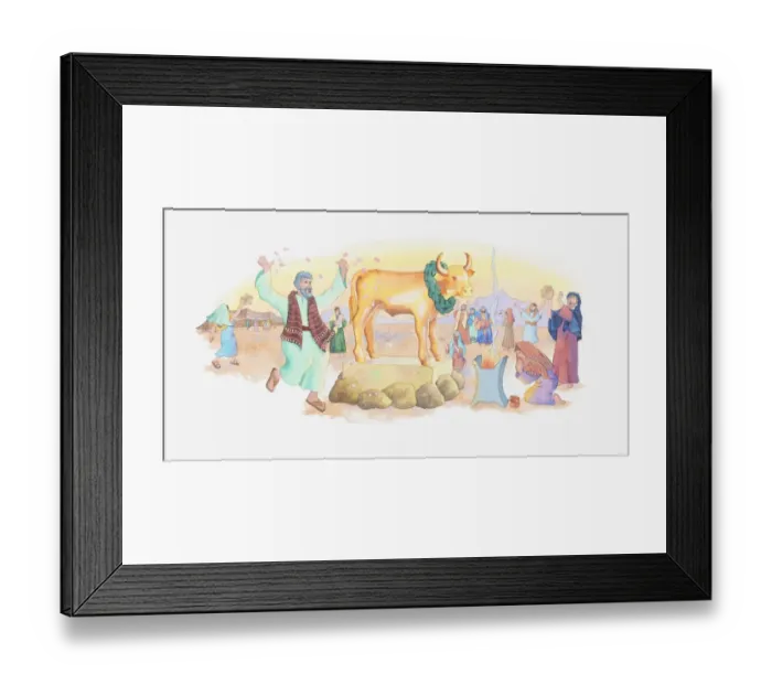 Framed Print : Illustration of a bible scene, Exodus 31-32, Golden Calf, the Israelites worship an idol while Moses is absent on Mount Sinai