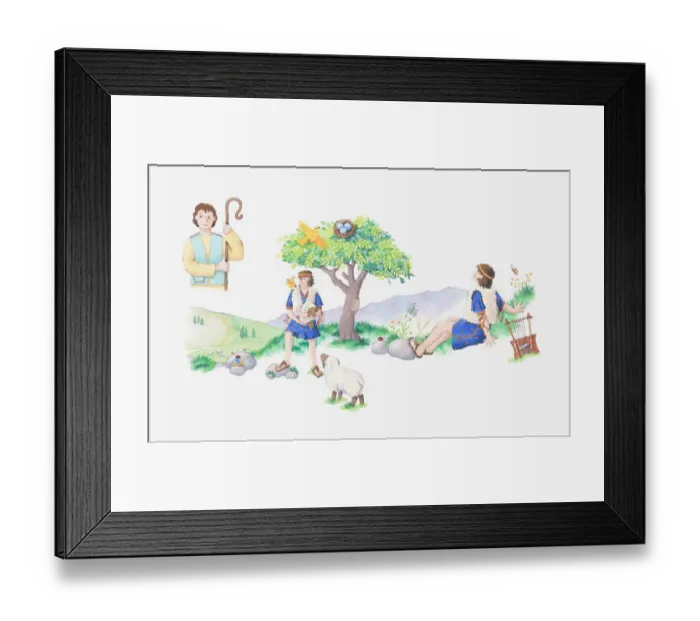 Framed Print : Illustration of a bible scene, 1 Samuel 16, David, a shepherd, looking after his flock Framed Print : Illustration of a bible scene, 1 Samuel 16, David, a shepherd, looking after his flock