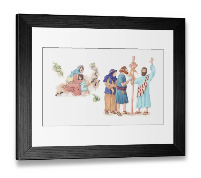 Framed Print : Illustration of a bible scene, Numbers 21, God punishes the Israelites for speaking against him by sending fiery serpents, the Israelites pray to God who instructs Moses to make a pole with a brass serpent on it that will heal those who look upon it