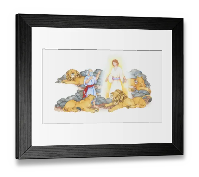 Framed Print : Illustration of a bible scene, Daniel 6, Daniel in the lions den, protected by an angel Framed Print : Illustration of a bible scene, Daniel 6, Daniel in the lions den, protected by an angel