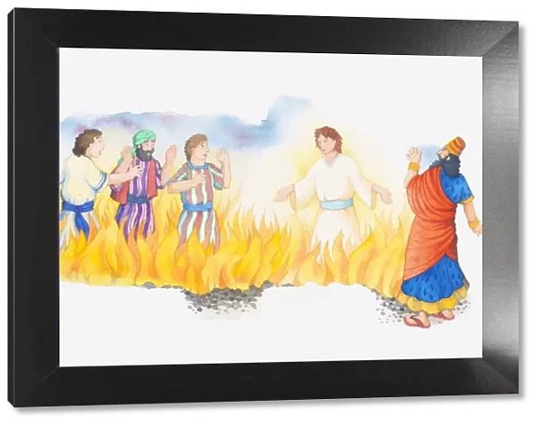 Illustration of a bible scene, Daniel 3, The Fiery Furnace, Daniels friends Shadrach, Meshach and Abednego saved by Gods angel, Nebuchadnezzar looks on