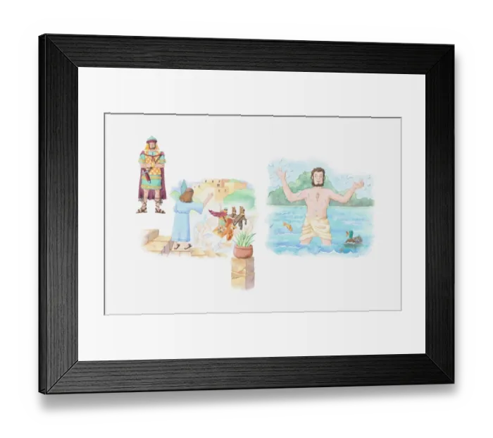 Framed Print : Illustration of a bible scene, 2 Kings 5, Soldier Naaman has his sores cured when Elisha tells him to wash in the River Jordan Framed Print : Illustration of a bible scene, 2 Kings 5, Soldier Naaman has his sores cured when Elisha tells him to wash in the River Jordan