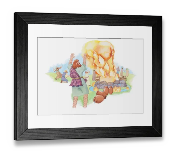 Framed Print : Illustration of a bible scene, 1 Kings 18, Elijah proves Gods existence by praying to him to set a damp pile of wood and stones on fire Framed Print : Illustration of a bible scene, 1 Kings 18, Elijah proves Gods existence by praying to him to set a damp pile of wood and stones on fire