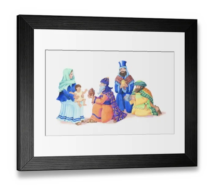 Framed Print : Illustration of a bible scene, Matthew 2, Three Kings visit newborn Jesus and bring gifts of gold, frankincense and myrrh Framed Print : Illustration of a bible scene, Matthew 2, Three Kings visit newborn Jesus and bring gifts of gold, frankincense and myrrh