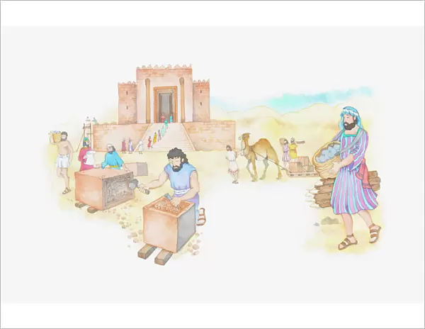 Illustration of a bible scene, 2 Kings 12, Temple of Solomon is repaired by King Josiahs men