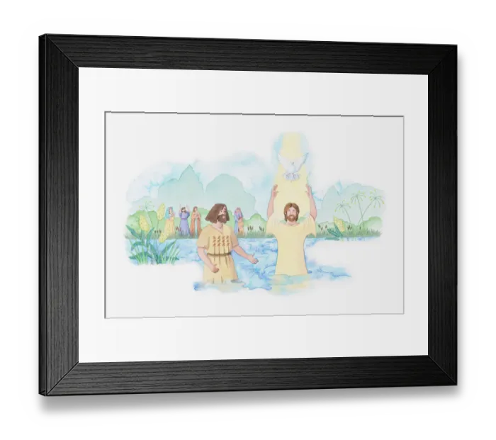 Framed Print : Illustration of a bible scene, Luke 3, John the Baptist baptises Jesus in the River Jordan, God speaks to him and send down his Holy Spirit in the form of a dove Framed Print : Illustration of a bible scene, Luke 3, John the Baptist baptises Jesus in the River Jordan, God speaks to him and send down his Holy Spirit in the form of a dove