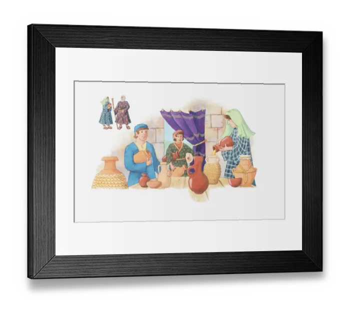 Framed Print : Illustration of a bible scene, 2 Kings 4, Jars of Oil, Elisha advises a poor family to pour olive oil from their jar into empty ones, God ensures the oil never runs out Framed Print : Illustration of a bible scene, 2 Kings 4, Jars of Oil, Elisha advises a poor family to pour olive oil from their jar into empty ones, God ensures the oil never runs out