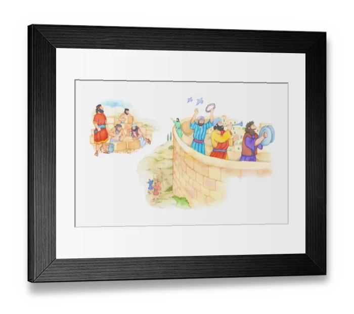 Framed Print : Illustration of a bible scene, Nehemiah 3, 12, Gods people build a wall around Jerusalem Framed Print : Illustration of a bible scene, Nehemiah 3, 12, Gods people build a wall around Jerusalem
