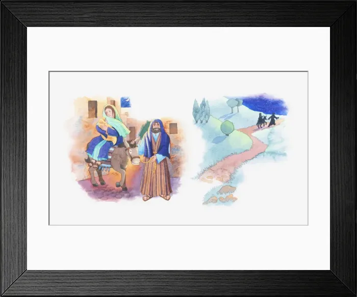 Framed Print : Illustration of a bible scene, Matthew 2, Mary and Joseph flee Bethlehem for Egypt to save Jesus from King Herod