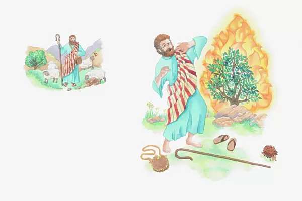 Illustration of a bible scene, Exodus 3, Moses and the Burning Bush, God reveals himself to Moses and instructs him to lead the Israelites out of Israel